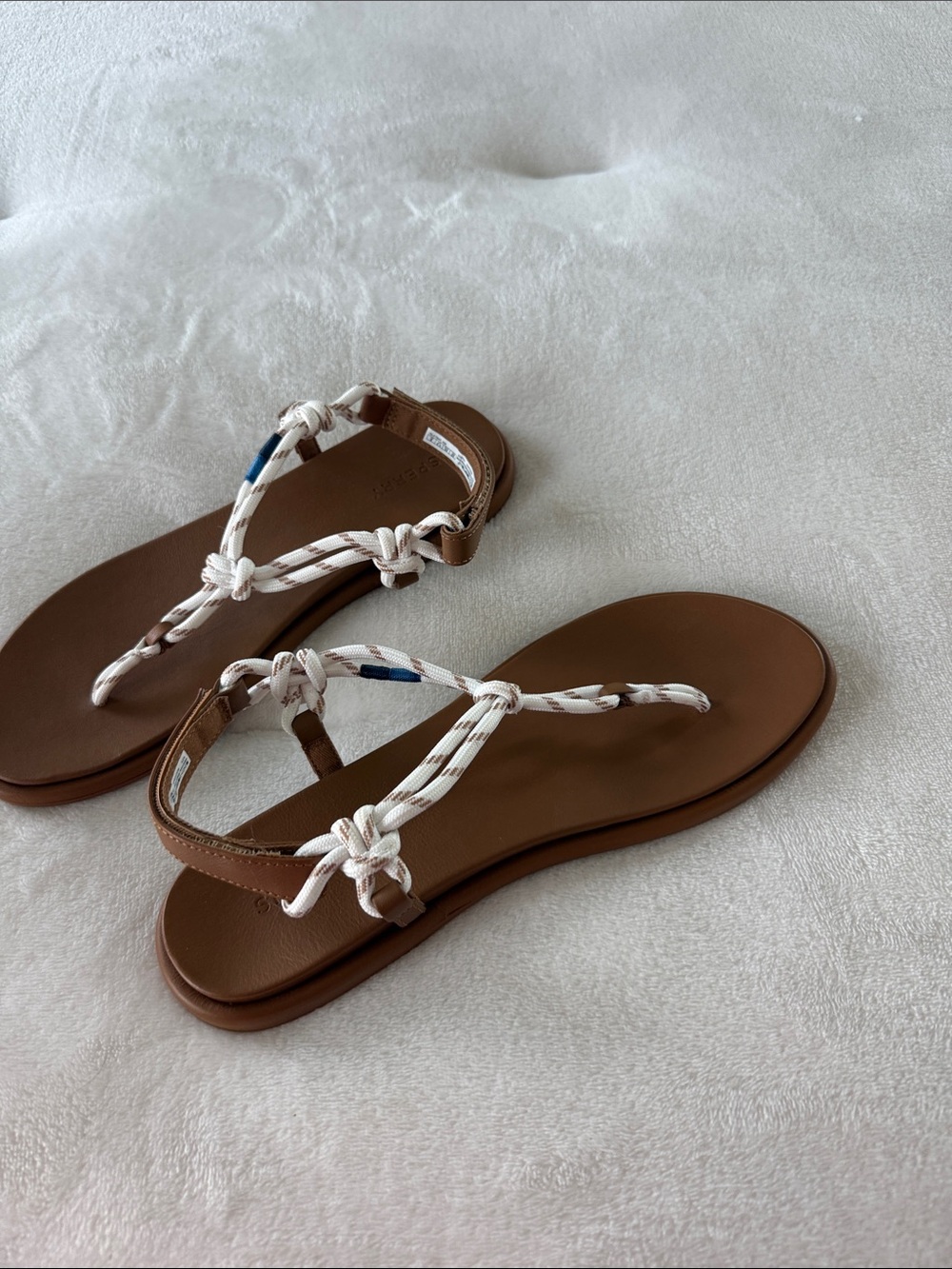 Sperry Brown Sandals with White Braided Rope T-Strap and Blue Accent - Picture 4 of 4